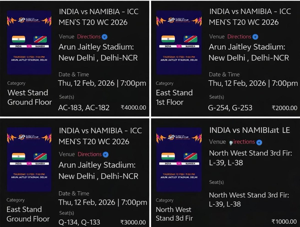 India Vs Namibia
Delhi
Arun jaitley stadium 
Tickets available 
All stands
DM to book 

#indvsusa #indvsnamibia #T20WorldCup #ICCT20WORLDCUP #indvspak #engvsnep #afgvsnz #nzvsafg #tickets