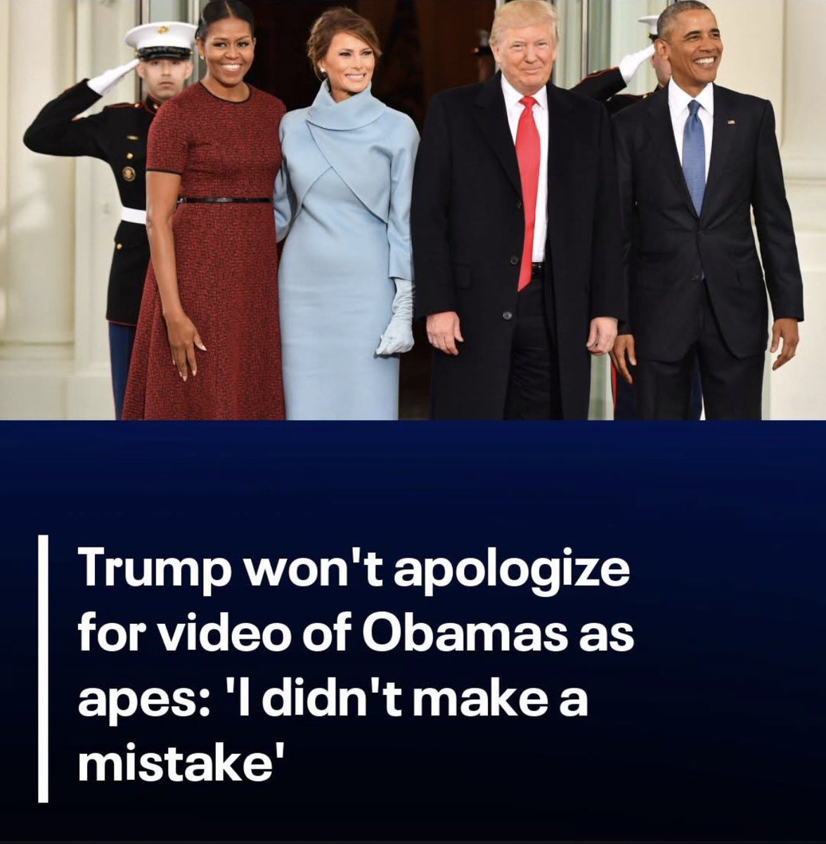 President Donald Trump says he won't apologize and
"didn't make a mistake" when his Truth Social account shared a video featuring the Obamas as primates in a jungle. 

What do you think ⁉️⁉️