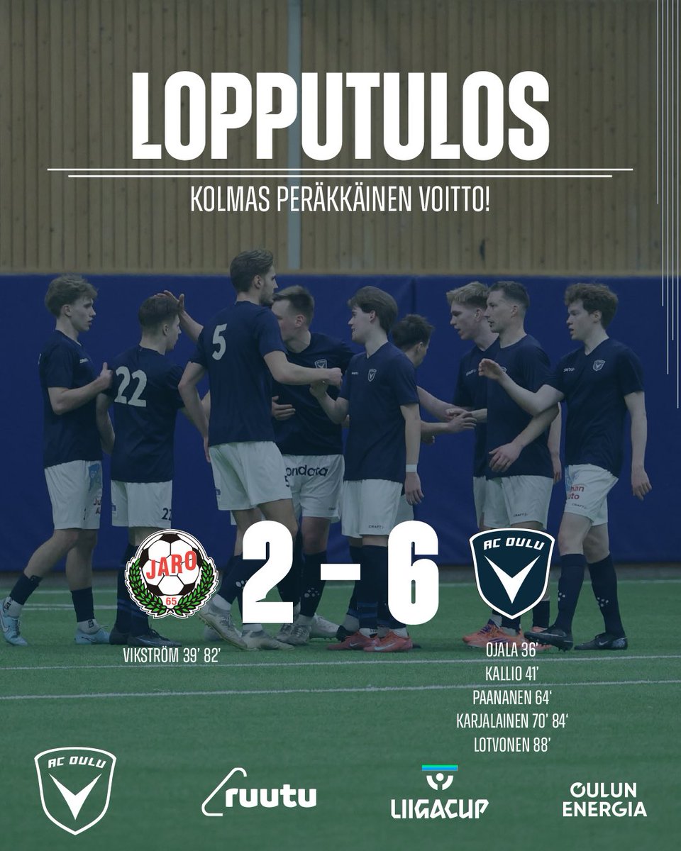 ACOulu's tweet image. Pietarsaaresta komeat 3 pistettä ja 6 maalia💪🏽

📣Seuraavaksi Tampere!
⚽Ilves - AC Oulu
🗓Lauantaina 21.2.2026
⏰14:45
📍Pirkkahalli C, Tampere

Kuva: Ida-Marie Jungell

Lue ottelurapsa täältä:
acoulu.fi/raportit/ilois…

#ACOulu
#Oulu
#Laivastonsiniset
#OulunEnergia
#Liigacup