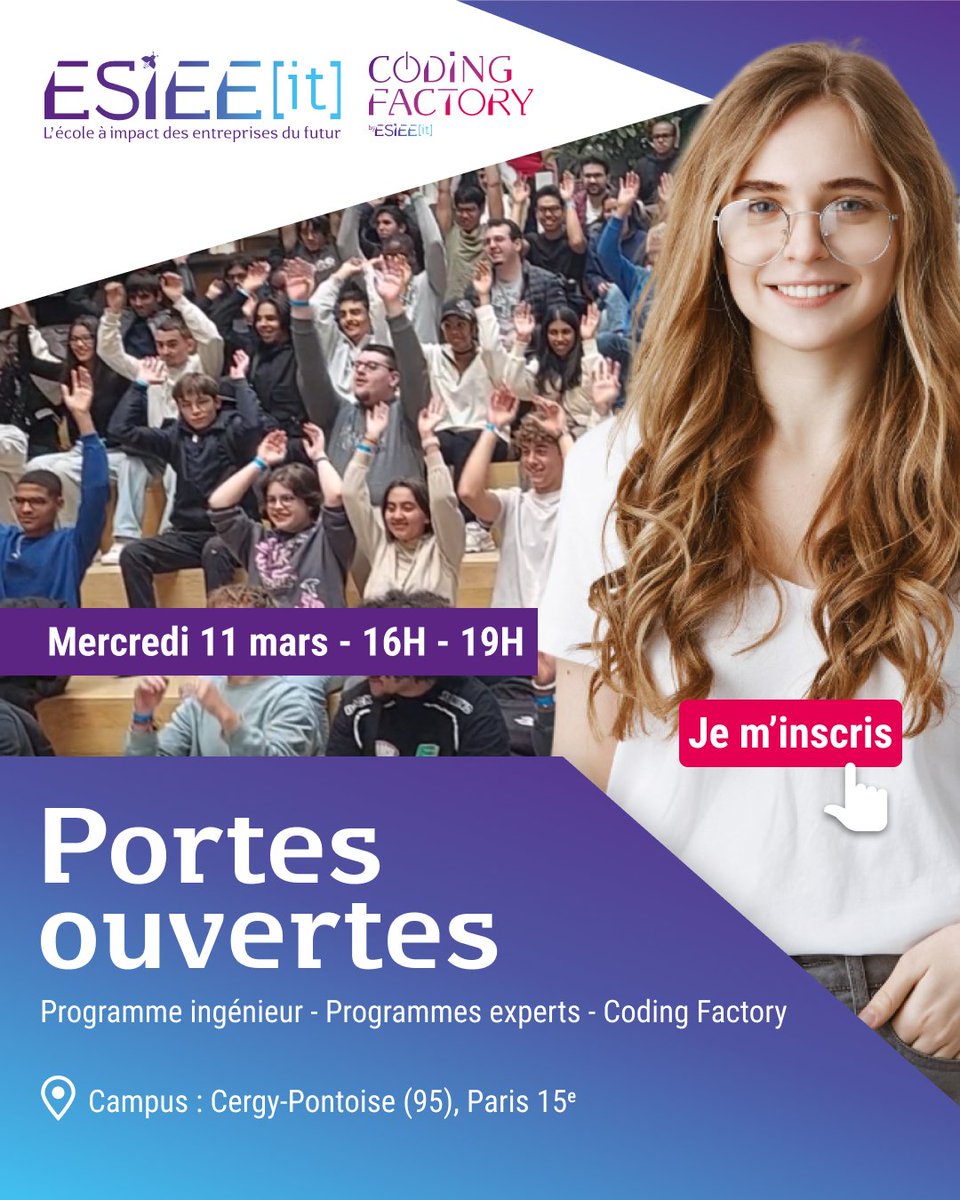 esiee_it's tweet image. Journée Portes Ouvertes – 11 mars

Formations, alternance, métiers du numérique 🚀

👉 Inscription à la JPO : esiee-it.fr/fr/evenements/…

#JPO #Orientation #Numérique #Alternance
