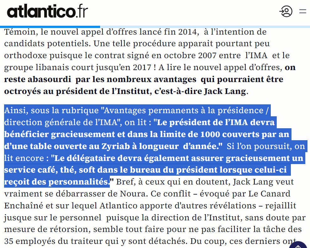 À l’Institut du monde arabe, un appel d’offres prévoyait jusqu’à 1 000 repas gratuits par an au bénéfice de Jack Lang