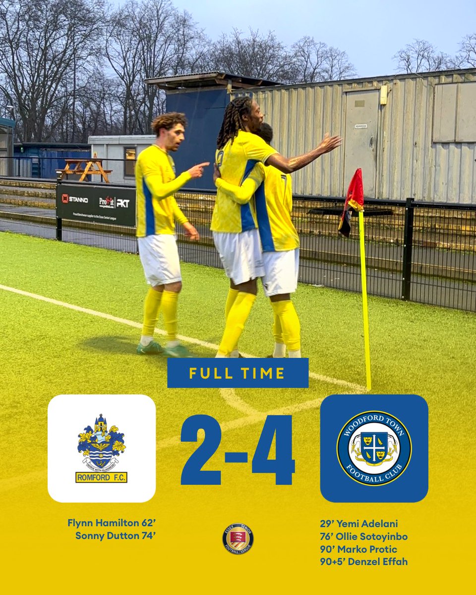 90+9’ | FULL TIME! ⏰ 

BACK TO WINNING WAYS! 👊 

And in some style too, as goals inside the final fifteen from Olls, Marko and Denzel see us complete a brilliant turnaround to win the three points!

⚪️ 2-4 🪵 // #WoodfordTown #COYW // #ESL