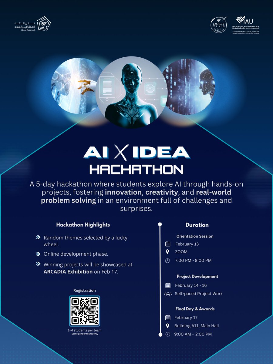 AI X IDEA Hackathon
5 أيام من الإبداع والتحدي في مجال الذكاء الاصطناعي، فرصة لطلاب جامعة الإمام عبدالرحمن بن فيصل لتطوير مشاريع عملية في الذكاء الاصطناعي، ضمن بيئة مليئة بالتحديات والمفاجآت.

🏆 سيتم تكريم الفائزين بجوائز مع منحهم الفرصة لعرض مشاريعهم في معرض Arcadia!