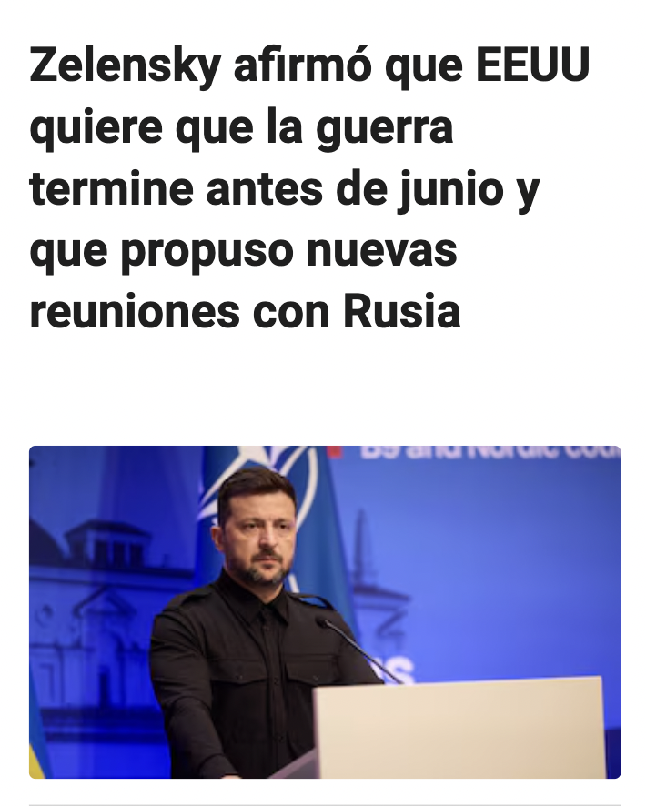 🇺🇦 El día de ayer, el presidente de Ucrania, Volodímir Zelenski, reveló que su homólogo Donald Trump propuso poner fin a la guerra con Rusia antes del verano, bajo un plan impulsado desde los EEUU para acelerar un acuerdo de paz. La iniciativa incluye pasos concretos y una fuerte