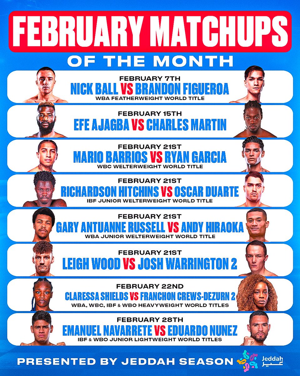 February is looking stacked 🔥

Which fight are you most looking forward to? 👀

Presented by <a href="/JEDCalendar/">Jeddah Season | موسم جدة</a>