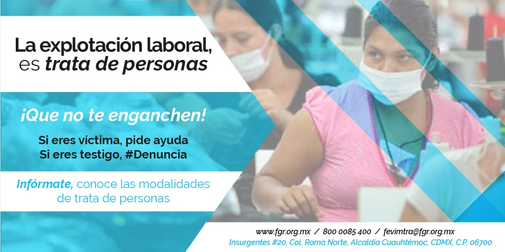 La explotación laboral es #TrataDePersonas. Las víctimas enfrentan discriminación y otros tipos de abusos que vulneran sus derechos. Si conoces de alguna situación, #Denuncia: #FEVIMTRA.