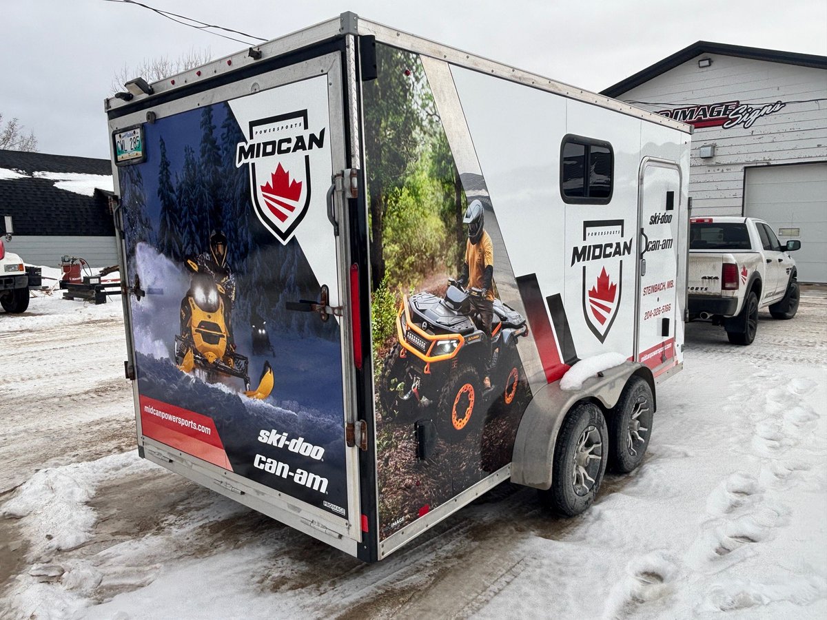 ProimageSigns1's tweet image. Transformed this worn-out trailer for MidCan Powersports with a vibrant full wrap and bold graphics that demand attention.   #MobileAds #TrailerWrap