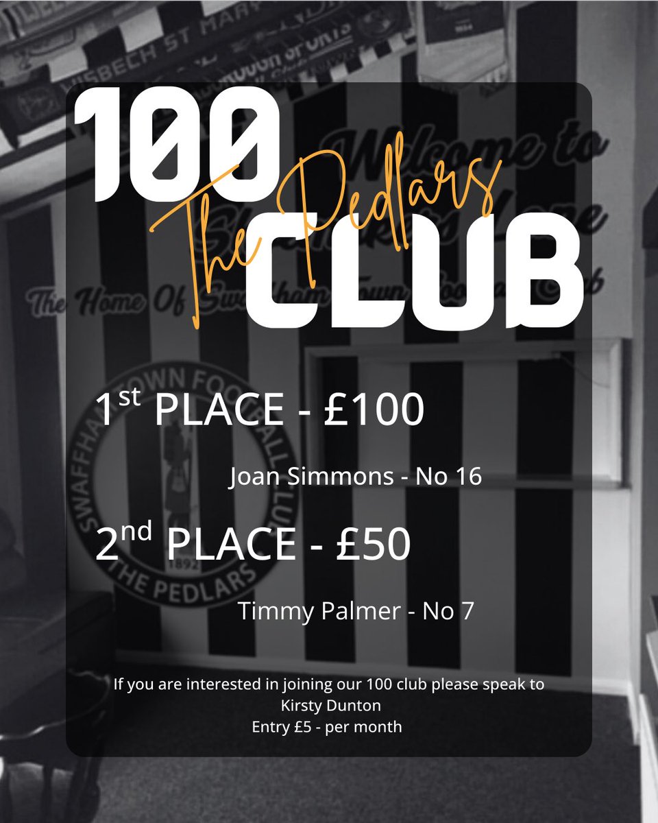 Swaffham_TownFC's tweet photo. 💰💰O C T W I N N E R S 💰💰
1️⃣st Prize £100 - Joan Simmons 1️⃣8️⃣
2️⃣nd Prize £50 - Timmy Palmer 7️⃣
If you are interested in joining the 100 Club and supporting STFC then please get in touch with @kirstydunton 🤍🖤
#supportinglocal #upthepedlars https://t.co/4kxnItwsJh