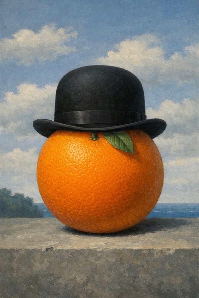 TranslatusBTR's tweet photo. https://t.co/Qkp9uzMsuV #Surrealism #Poetry #Art #AndreBreton #translation #AI #GeminiPro #ChatGPT #Magritte #Orange https://t.co/MlJca7e5lo