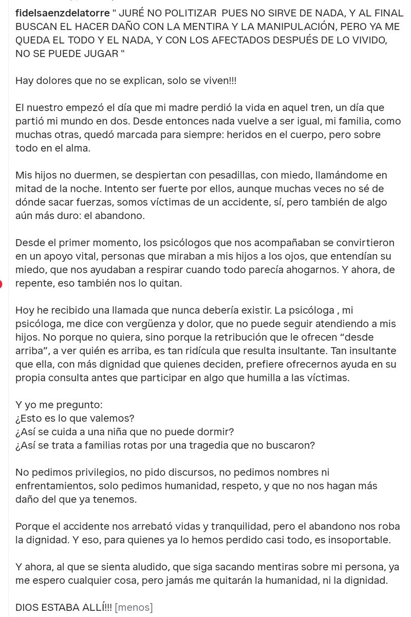 ElsadelCastill3's tweet image. FIDEL SAENZ DE LA TORRE, el hijo una víctima del tren que descarriló en Adamud, DENUNCIA que una spicóloga le ha llamado para decirle que él y su familia dejarán de recibir atención psicológica por falta de recursos. 

Pero los 500.000 regularizados tendrán derecho a una Sanidad…