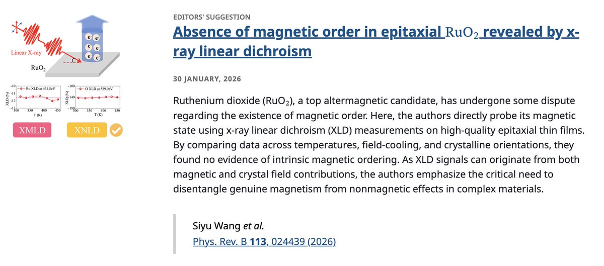 PhysRevB's tweet image. PRB Editors' Suggestion: Absence of #magnetic order in epitaxial #RuO2 revealed by #XRayLinearDichroism

S. Wang, C. Wang, Y. Yuan, J. Li, F. Pei, et al.
Phys. Rev. B 113, 024439

➡️ go.aps.org/3LHTm2w
#EdSugg @APSPhysics #physics #condmat