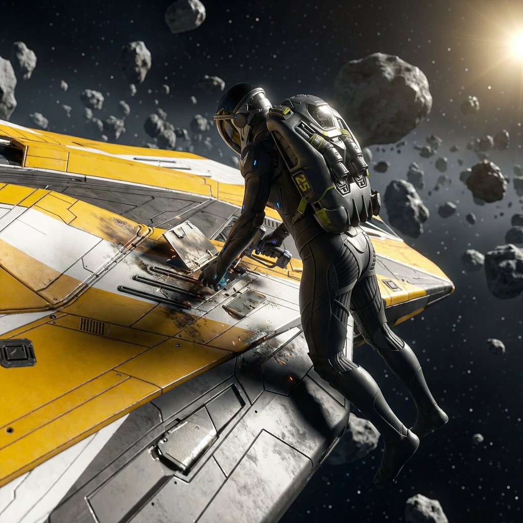 Unscheduled EVA – Cobra Mk V in <a href="/EliteDangerous/">Elite Dangerous</a> 
Hull breach sealed using Remlok EVA kit and backpack thrusters.
Structural damage from micrometeor and debris impact in a dense asteroid field.
Power and life support nominal. Ship cleared for short-range transit only.
#conceptart