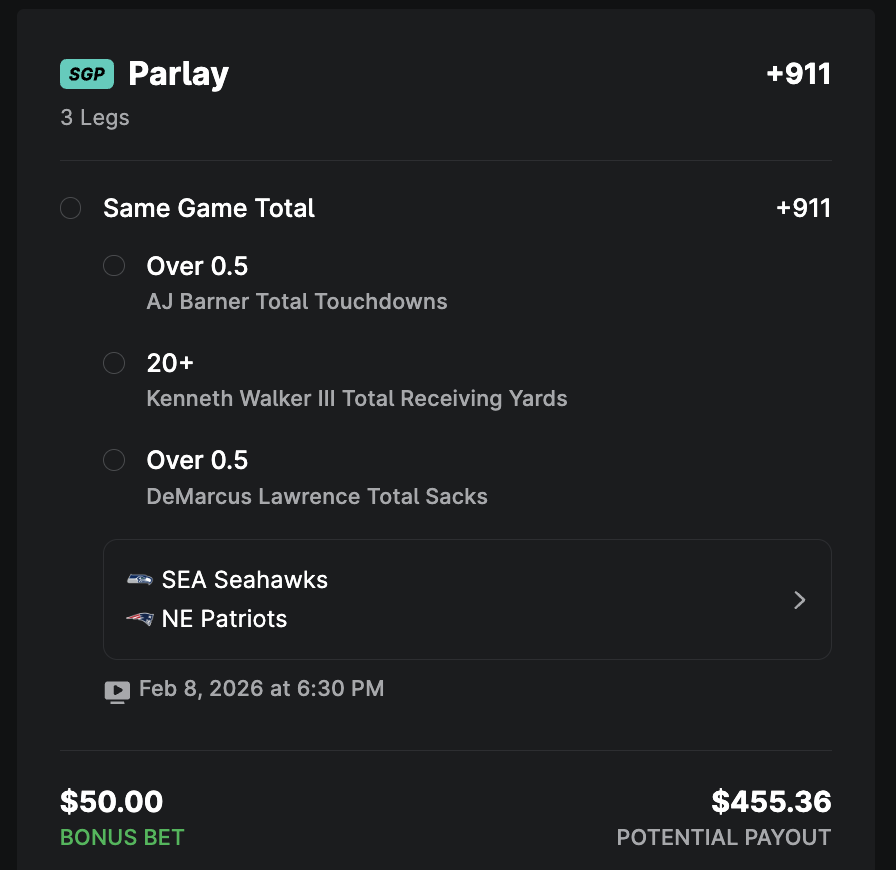 #SuperBowl 

Sitting on that Seahawks ticket from November.

Parlaying my 3 favorite props. You can likely find D-Law to record a sack, or over .3 at a better price.