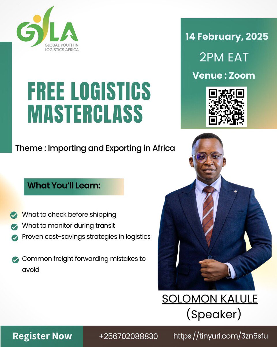 GYLA_Uganda's tweet photo. 🚢 Importing &amp; Exporting in Africa — Done Right

Avoid costly shipping mistakes. Cut logistics costs.

🎓 FREE Masterclass | Sat, 14 February 2026

⏰ 14:00 EAT | 📍 Zoom

🎯 Limited slots — register now:
👉 https://t.co/iGhVjrWceb 

#SustainabilityinLogistics #SaveTheDate https://t.co/QPvDrG3Zpy