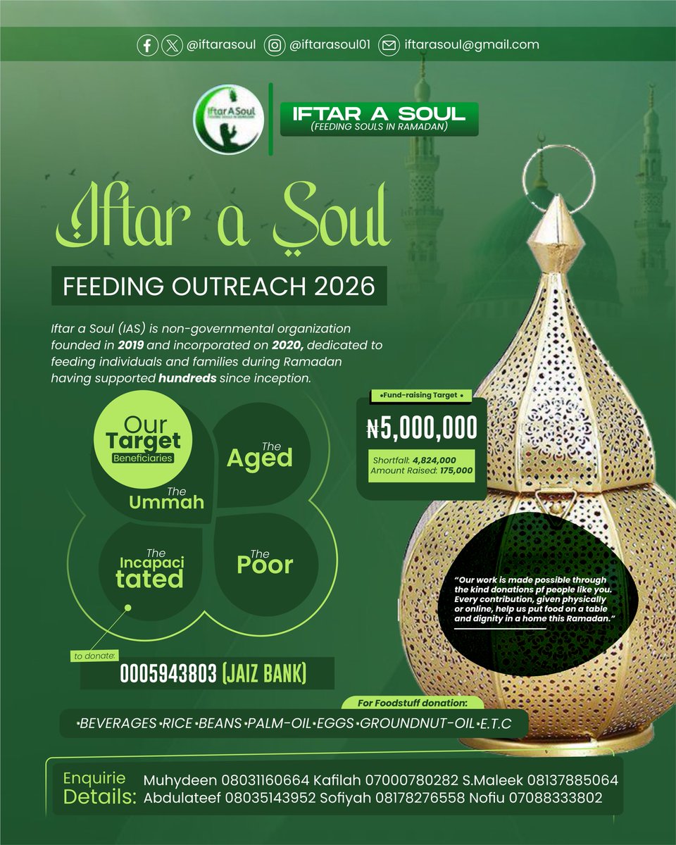 Ramadan is in about 11 days. Please help us prepare meals for the less privileged.
Donate today and be part of the reward.
💳 Jaiz Bank: 0005943803 (Iftar A Soul)
#IftarASoul #FeedASoul #Ramadan2026 #Ramadan1447