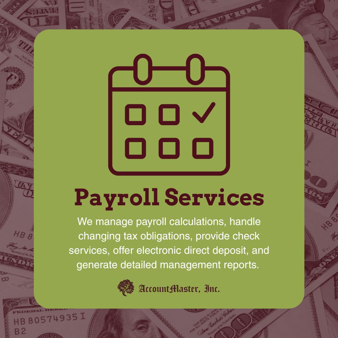 AcctMstr's tweet photo. Need help with payroll? AccountMaster can help calculate payroll, adhere to tax obligations, print and deliver checks, provide direct deposit, and even supply detailed reports.
https://t.co/uSNzPUGiY0 https://t.co/j0YfARpwbh