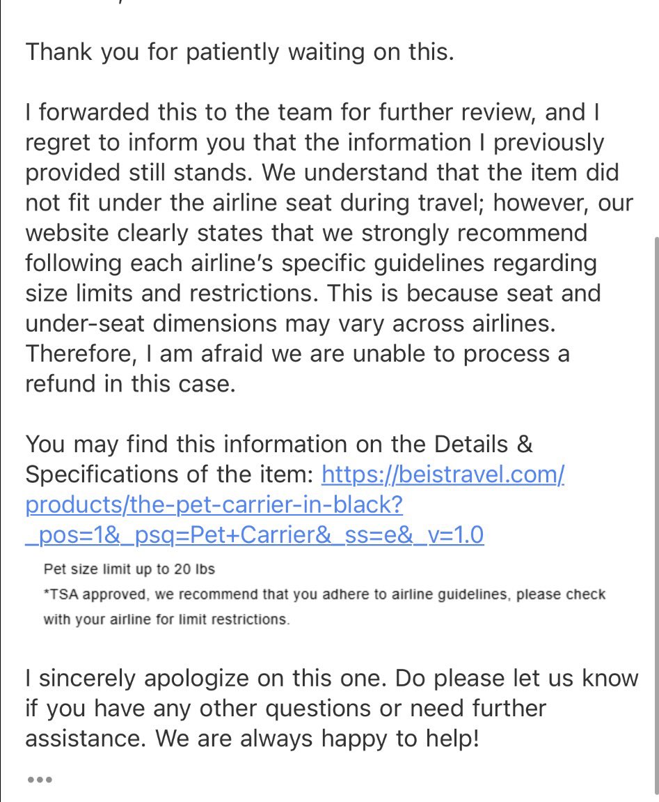 theInvstmentGuy's tweet photo. Purchased BEIS pet carrier advertised at specific dimensions. Physically does not fit under Delta seat despite measurements. Refund denied despite proof. Disappointing. @beisofficial https://t.co/NDMkGe2hV3