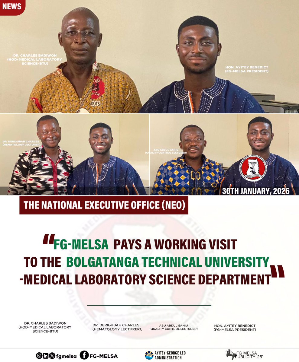 Our President, H.E Ayitey Benedict, embarked on a working visit to the Medical Laboratory Science Department at Bolgatanga Technical University.

The visit aimed to foster collaboration and strengthen ties between FG-MELSA and the local Chapter.

#ServiceToHumanity❤️
