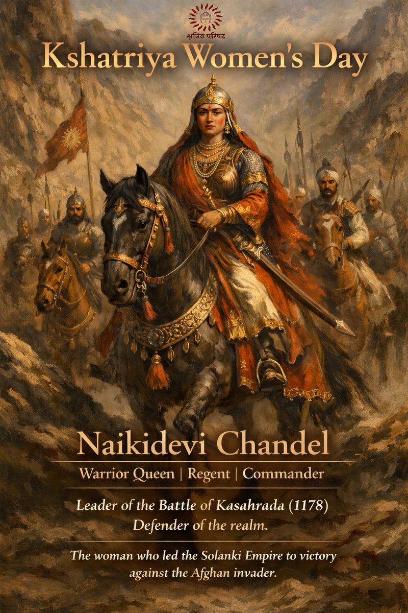 Today, we remember Naikidevi Chandel, the 12th century Queen-regent and Commander of the Solanki Empire on her Jayanti. 
She was daughter of Emperor Parmardi Chandel. At the battle of Kasahrada (1178 CE) she led Solanki Empire, reinforced by Parmars of Abu, Chauhans of Jalore and