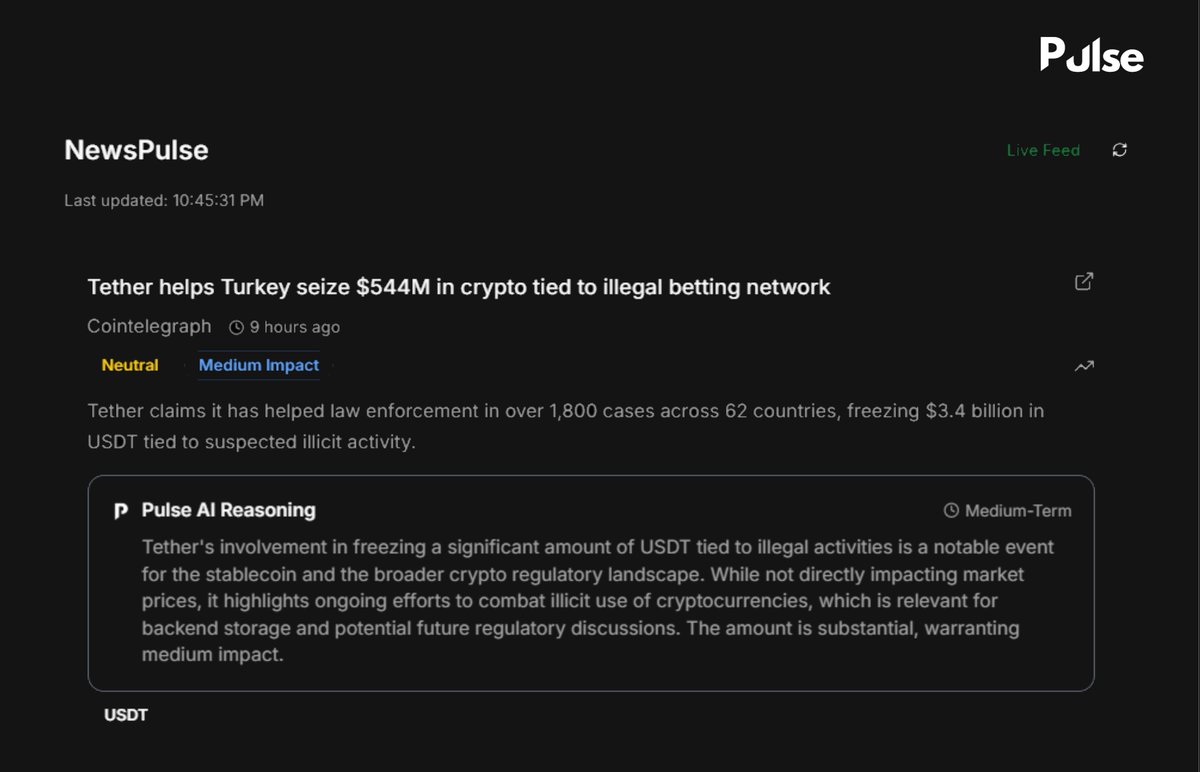 Pulse_Platform1's tweet photo. 🚨 Turkey seizes $544M in crypto tied to illegal betting, Tether helped freeze it. Over 1,800 cases, 62 countries, $3.4B in USDT frozen for illicit activity. This is what compliance-first crypto looks like.

X: https://t.co/AKbtuxQuol
Discord: https://t.co/Fnz49DJ5rW https://t.co/fduuQzCRA2