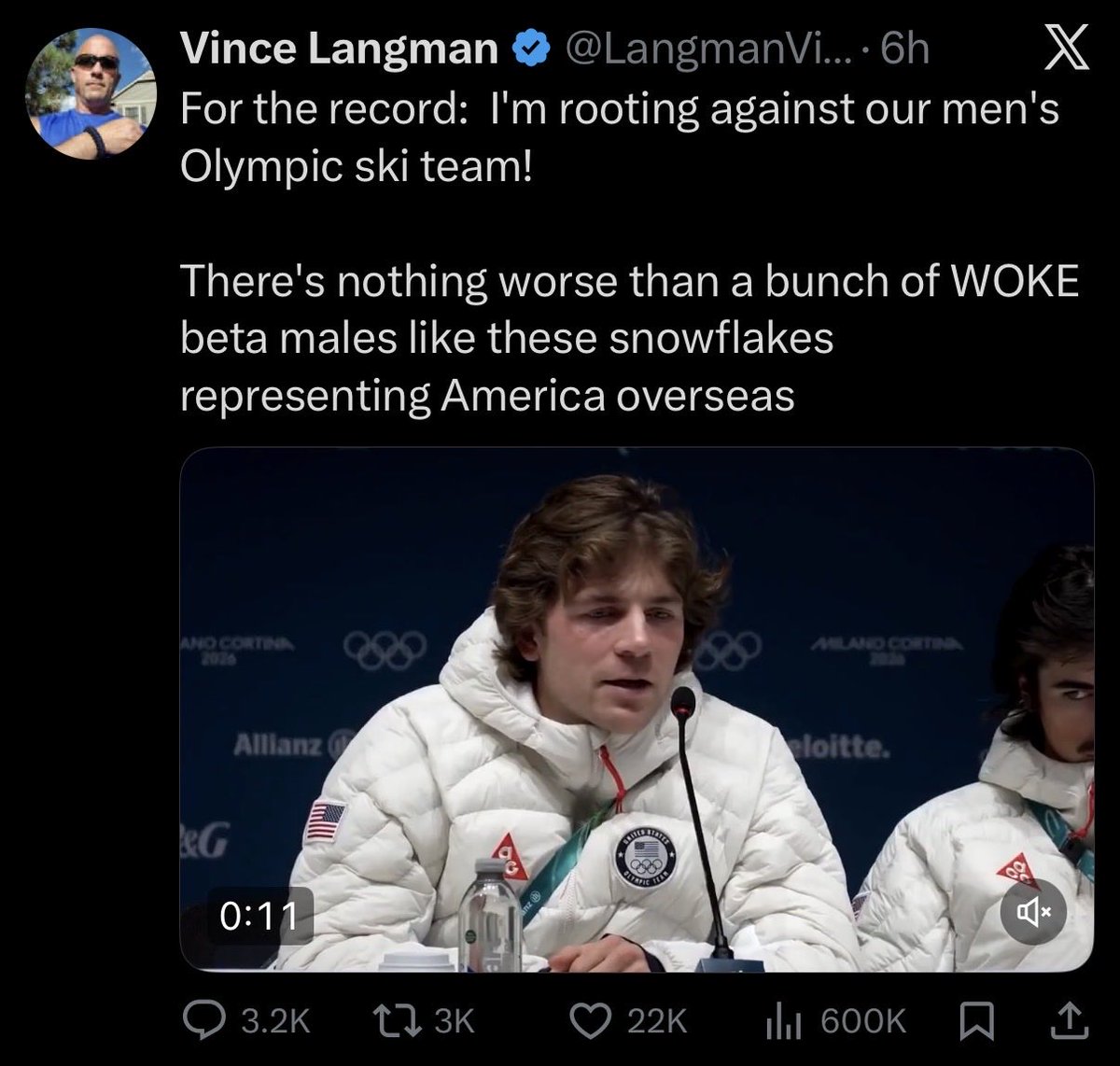Olympians are beta males now because they wont tell the international press that they love seeing their fellow citizens shot in the street by the president’s secret police.