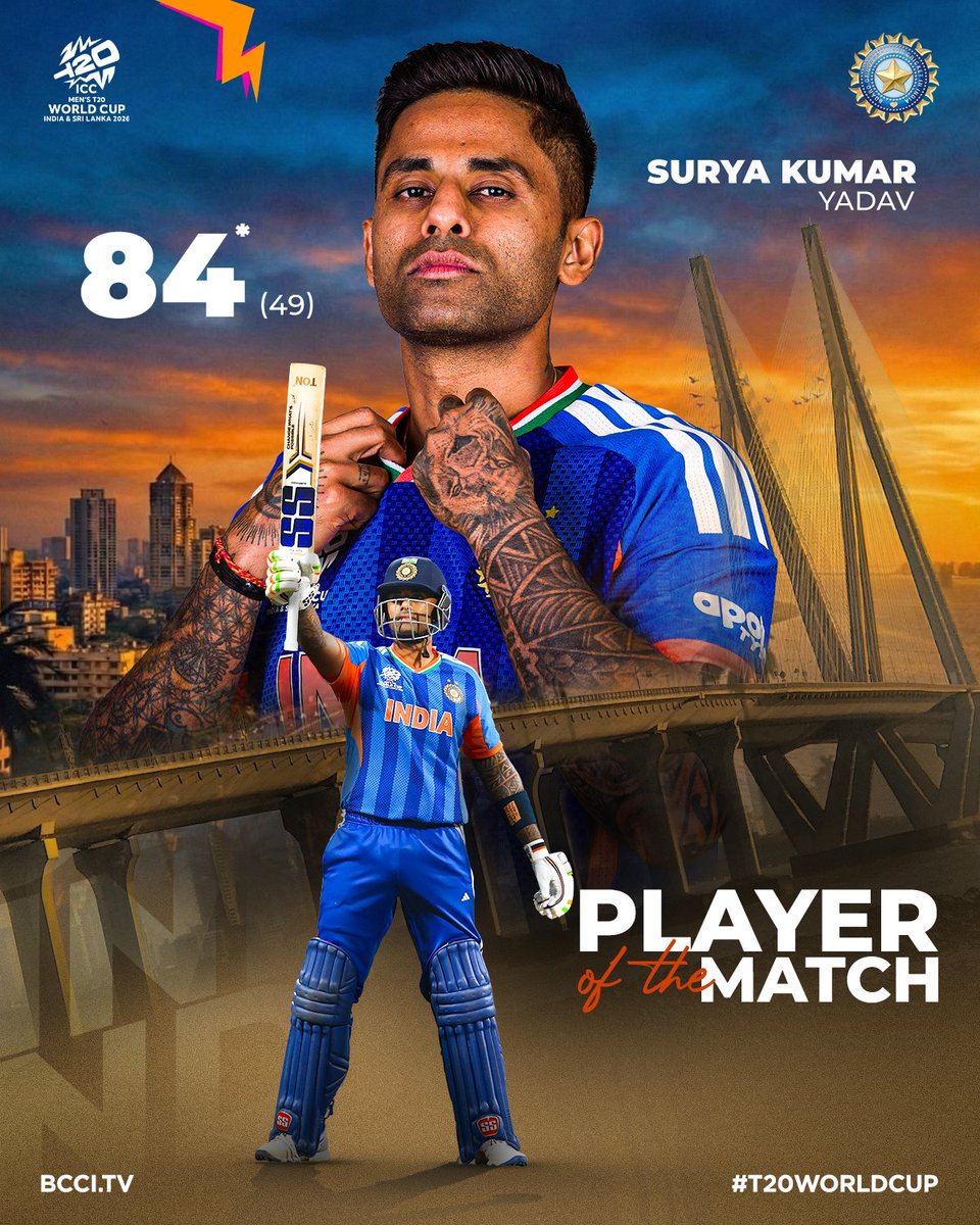 A captain’s knock to start the campaign 🫡

For his match-winning 84*(49), <a href="/surya_14kumar/">Surya Kumar Yadav</a> wins the Player of the Match as #TeamIndia begin the #T20WorldCup with a win!

Scorecard ▶️ bit.ly/INDvUSA-T20-Wo…

#MenInBlue | #INDvUSA