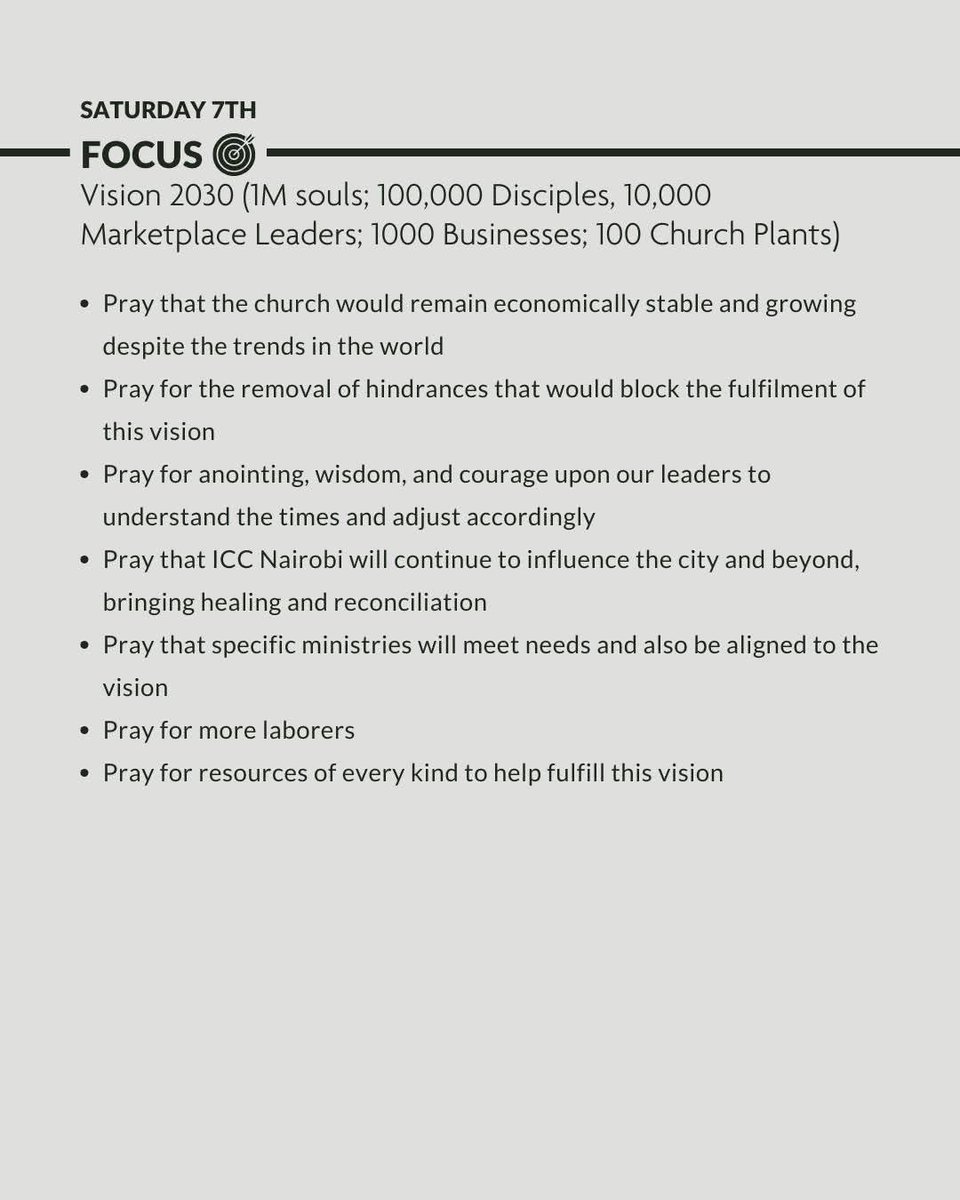 icckiserian's tweet photo. Saturday 7th | Day 34: Vision 2030

Today we focus our prayers on Vision 2030, a mandate to reach 1 million souls, raise 100,000 disciples, equip 10,000 marketplace leaders, establish 1,000 businesses, and launch 100 church plants. We ask for God's divine help. https://t.co/gpykC3lJza