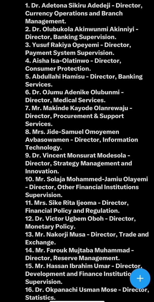 If it’s true that these are the 16 new Directors appointed to the CBN, why would Southeast get only one slot? Poor Southeast, my Southeast. Even the big North got only 3 and South-South (where most of the money at the CBN comes from) got only 1.