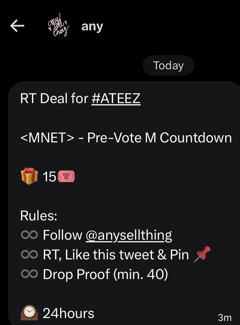 🆕 RT Deal for #ATEEZ 📣🌊

<MNET> - Pre-Vote M Countdown

🎁 15🎟️

Rules:
♾️ Follow <a href="/anysellthing/">any</a> 
♾️ RT, Like this tweet &amp; Pin 📌
♾️ Drop Proof (min. 40)

🕰️ 24hours 🚨
#RideTheWave