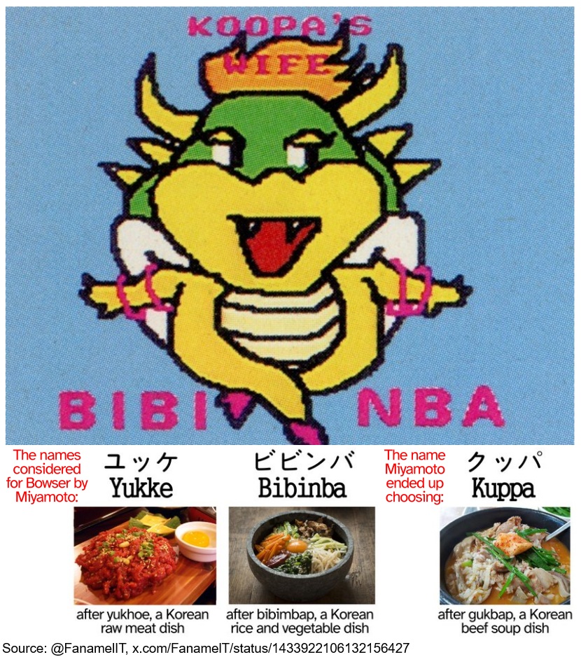 MarioBrothBlog's tweet image. A 1994 Japanese Nintendo catalog included a sample image to illustrate the capabilities of Mario Paint that depicts "KOOPA'S WIFE BIBINBA". While the character is likely not canon, her name is based on a discarded name for Bowser, so it may have been drawn by a Nintendo employee.