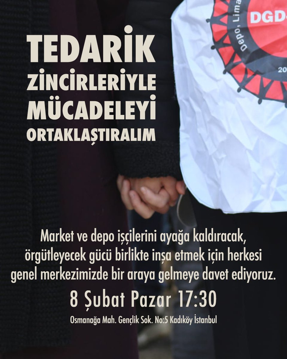 DGDSEN's tweet photo. Çağrımız tüm dostlarımızadır.

Tedarik zincirleriyle mücadeleyi ortaklaştıracak zemini kurmak için yarın sendikamızın genel merkezinde yapacağımız toplantıya davet ediyoruz. 

   📆 8 Şubat Pazar Saat:17.30
  📌 Osmanağa Mahallesi Gençlik Sokak No.5 Kadıköy https://t.co/ttxGQqSpEV