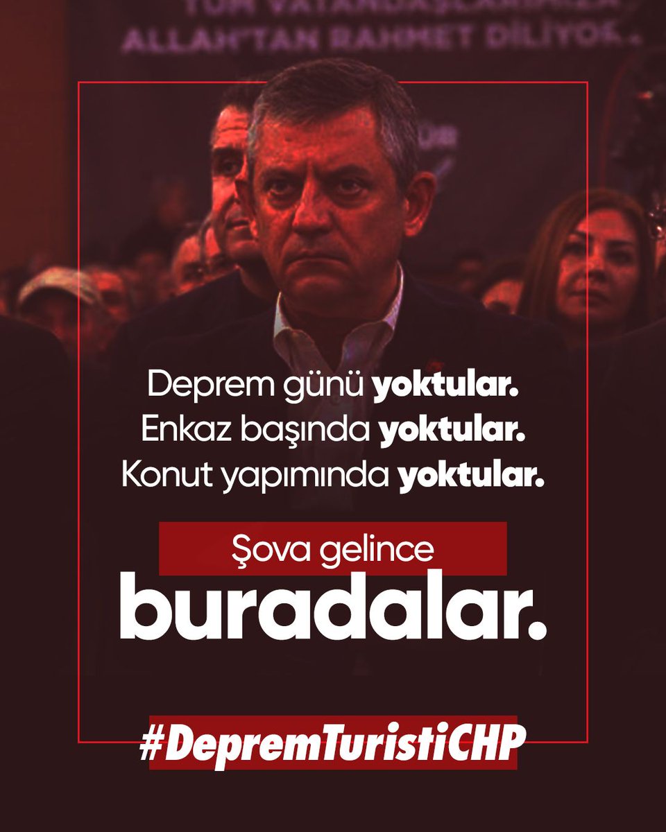 DCSiviloglu's tweet image. Deprem günü yoktular.
Enkaz başında yoktular.
Konut yapılırken yoktular.
Ama kameralar gelince…
mikrofonlar uzatılınca…
sahne hazır olunca ortaya çıktılar.
Bu millet kimin yanında olduğunu biliyor.
Şov değil, icraat konuşur.
#DepremTuristiCHP