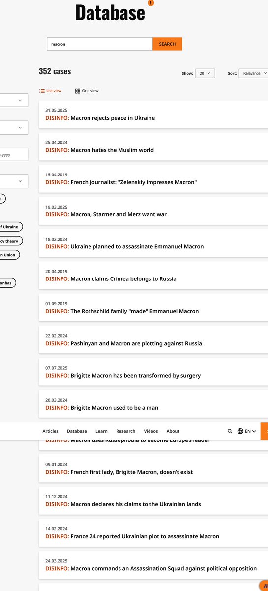 Pour ceux qui comprennent l'Anglais, un tour sur #EuvsDisinfo, la task force de l'UE qui lutte contre les fakes et vous trouvez, dans la database,  352 intox contre #Macron, (et sa femme), toutes issues du Kremlin.
Voilà d'où vient la haine contre lui, et ce, depuis février 2017,