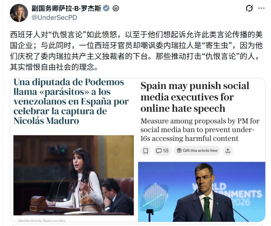 美国副国务卿，下场跟西班牙桑切斯政府隔空“论战”：

西班牙人对“仇恨言论”如此愤怒，以至于他们想起诉允许此类言论传播的美国企业；
与此同时，一位西班牙官员却嘲讽委内瑞拉人是“寄生虫”，因为他们庆祝了委内瑞拉共产主义独裁者的下台。
那些推动打击“仇恨言论”的人，其实憎恨自由社会的理念。