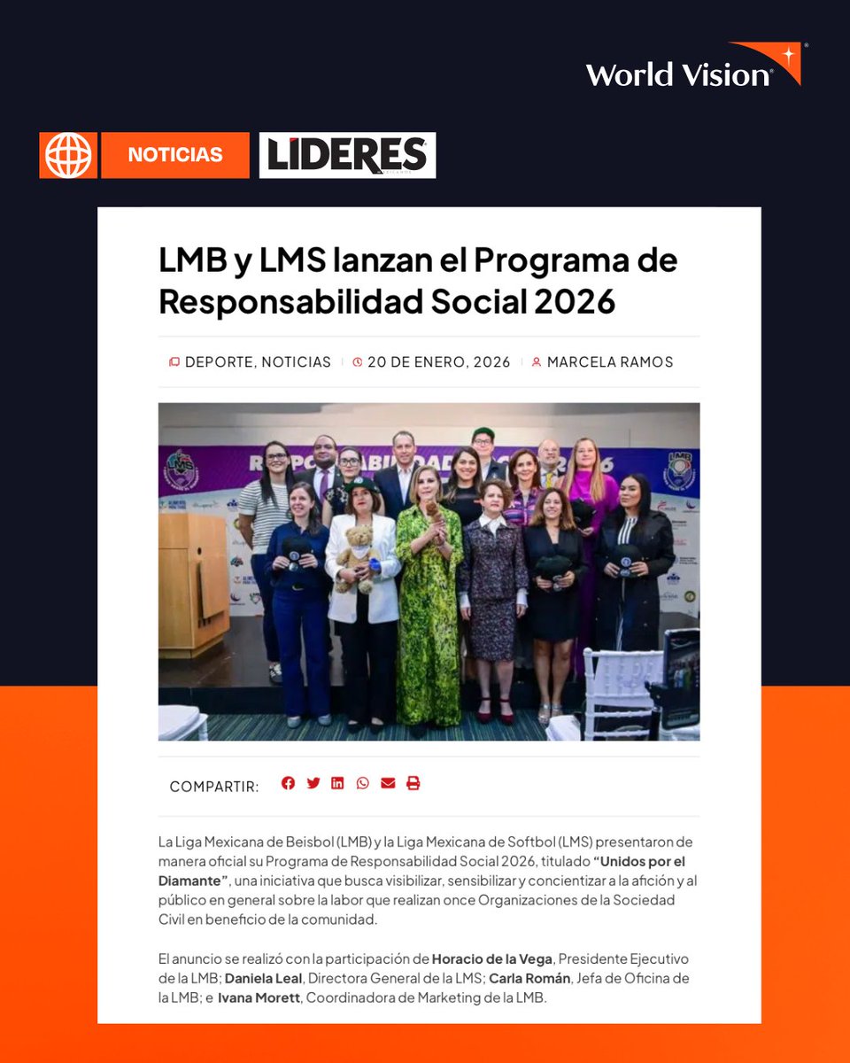 ⚾ La <a href="/LigaMexBeis/">Liga Mexicana de Beisbol</a>  y la <a href="/LigaMexSoft/">Liga Mexicana de Softbol</a> presentan “Unidos por el Diamante”, su programa de responsabilidad social 2026, con 11 causas sociales, incluidas acciones de World Vision México.

📖 Lee más aquí 👉lideresmexicanos.com/noticias/lmb-y…
