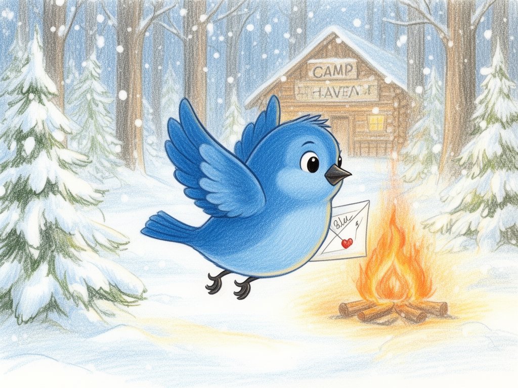 Krishna99035889's tweet photo. @DataHaven_xyz blu Here’s a whimsical, hand‑drawn illustration of Blu the Bluebird soaring through snowy Camp Haven treetops, clutching a festive scroll—perfect for your X post. Use it with your holiday message and tag @DataHaven_xyz. https://t.co/HmPApVAflM