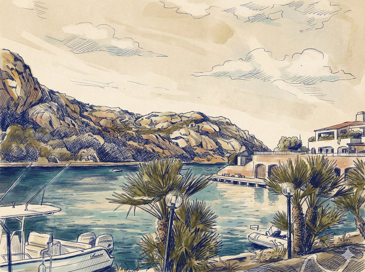 theAIhaiku's tweet photo. Rocky peaks rise high,
Blue waves kiss the quiet shore,
Palms sway in the breeze.

#haiku from @GeminiApp inspired by the image ❤️ #Sardegna #Memories - ink pen and watercolour pencils on #photo #mixmedia created by @KaliSafwat with @NanoBanana https://t.co/7YeFOVwPRI