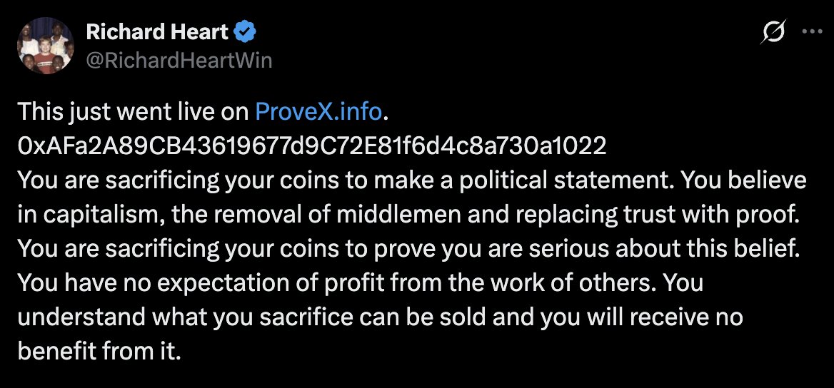 emmettgallic's tweet image. Richard Heart (Founder of Hex, Pulsechain, ProveX) launched another "Sacrifice" for his new protocol ProveX and managed to get over $410M in sacrifices.

Only thing is that $400M (120K ETH) of the funds came from him laundered through Tornado Cash using over 950 addresses...