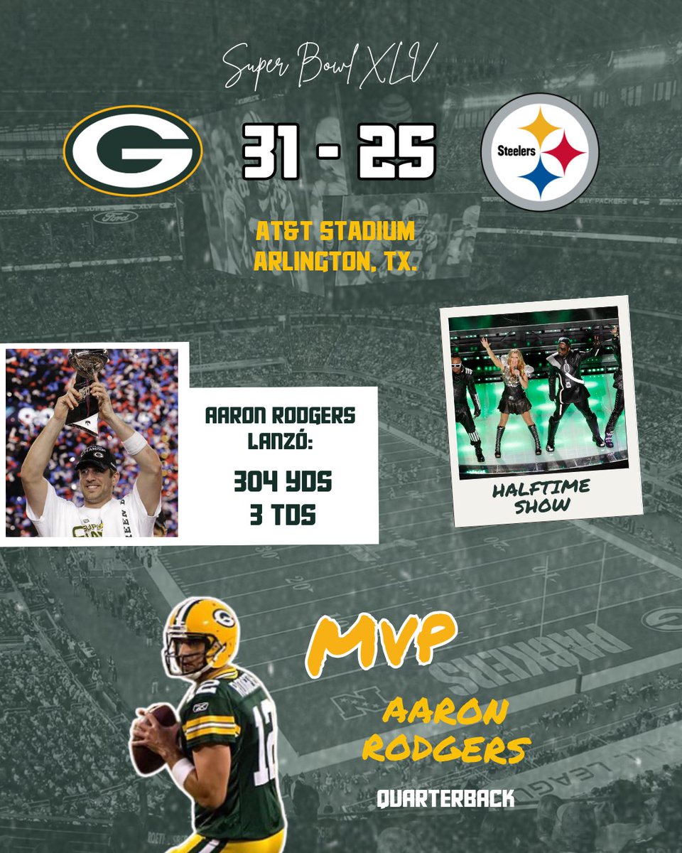 Super Bowl XLV.

Aaron Rodgers y los Packers vencieron a los Steelers de Ben Roethlisberger en el AT&amp;T Stadium en un duelo de gigantes para levantar el cuarto Vince Lombardi en la historia de Green Bay. 🏆🏆🏆🏆

#GoPackGo #Packers #SuperBowl #AaronRodgers