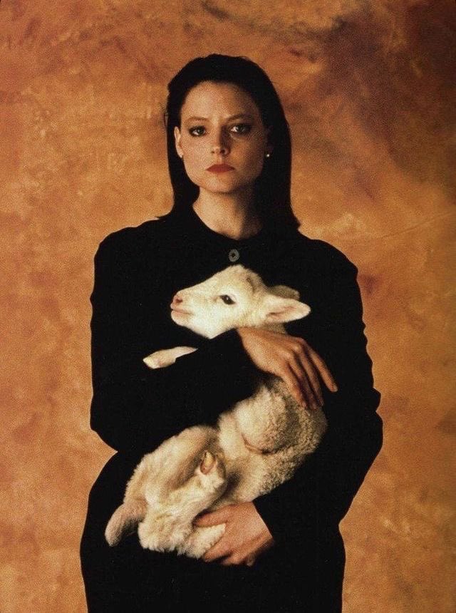 Jodie Foster posing with a lamb in support of 'The Silence of the Lambs', 1991