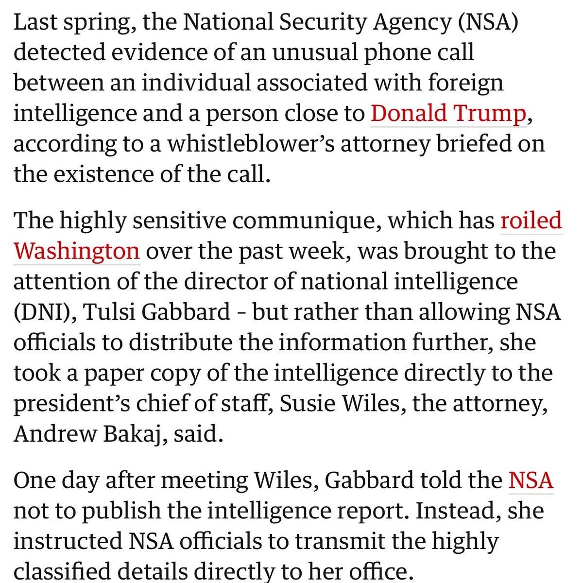 🚨 BREAKING: NSA DETECTED PHONE CALL BETWEEN FOREIGN INTEL &amp; SOMEONE CLOSE TO TRUMP

Whistleblower says that Tulsi Gabbard blocked agency from sharing report and delivered it to Susie Wiles. 

SOURCE <a href="/guardian/">The Guardian</a>

READ: theguardian.com/us-news/2026/f…