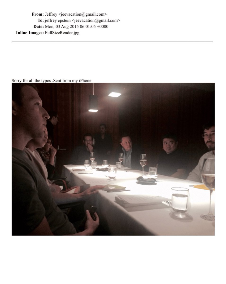 Wow… Jeffrey Epstein took a photo of his 2015 dinner with Zuckerberg and Elon Musk, and sent it to himself