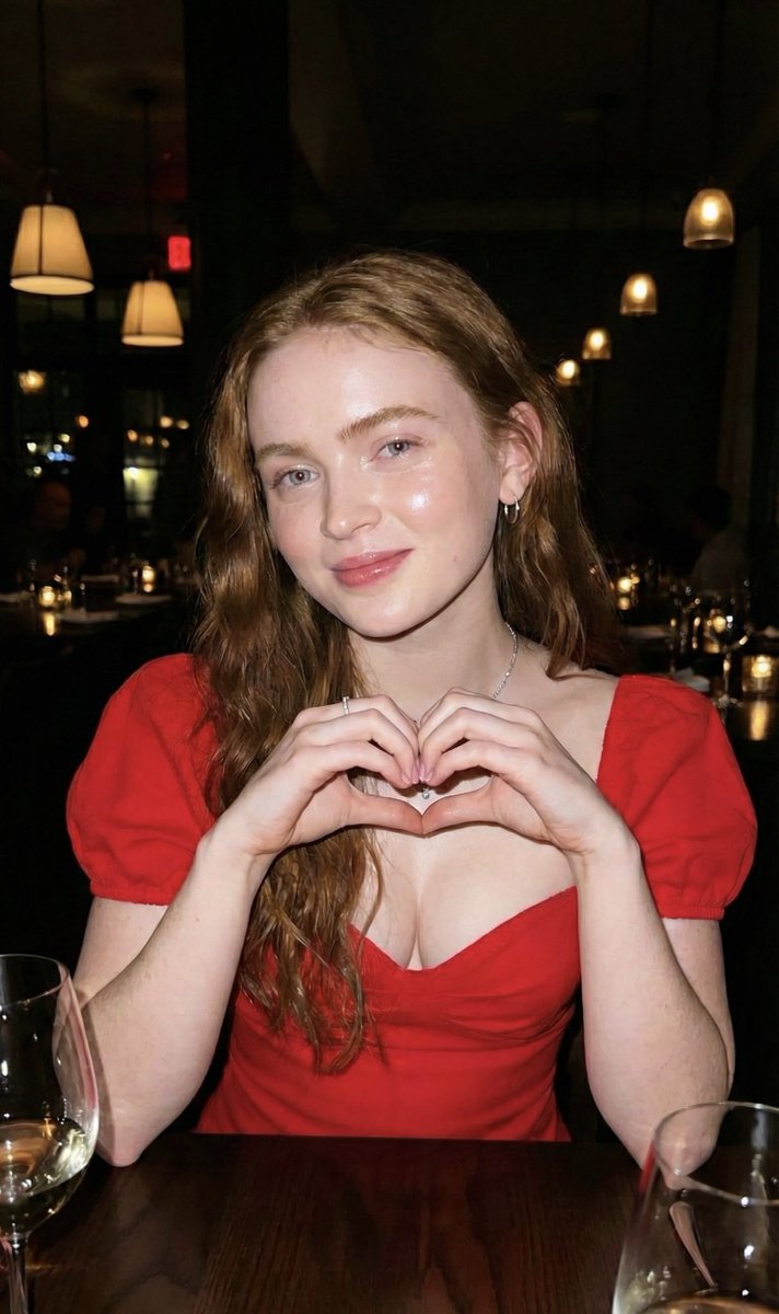 Xmira_belle's tweet image. Nano Banana Pro on @SocialSight 
Dinner date with Sadie 🥂

Prompt:
{
  "metadata": {
    "title": "Sadie sink Style - Signature Gloorv Portrait",
    "version": "1.0",
    "category": "Photorealistic Portraiture",
    "tags": ["portrait", "flash-photography",…