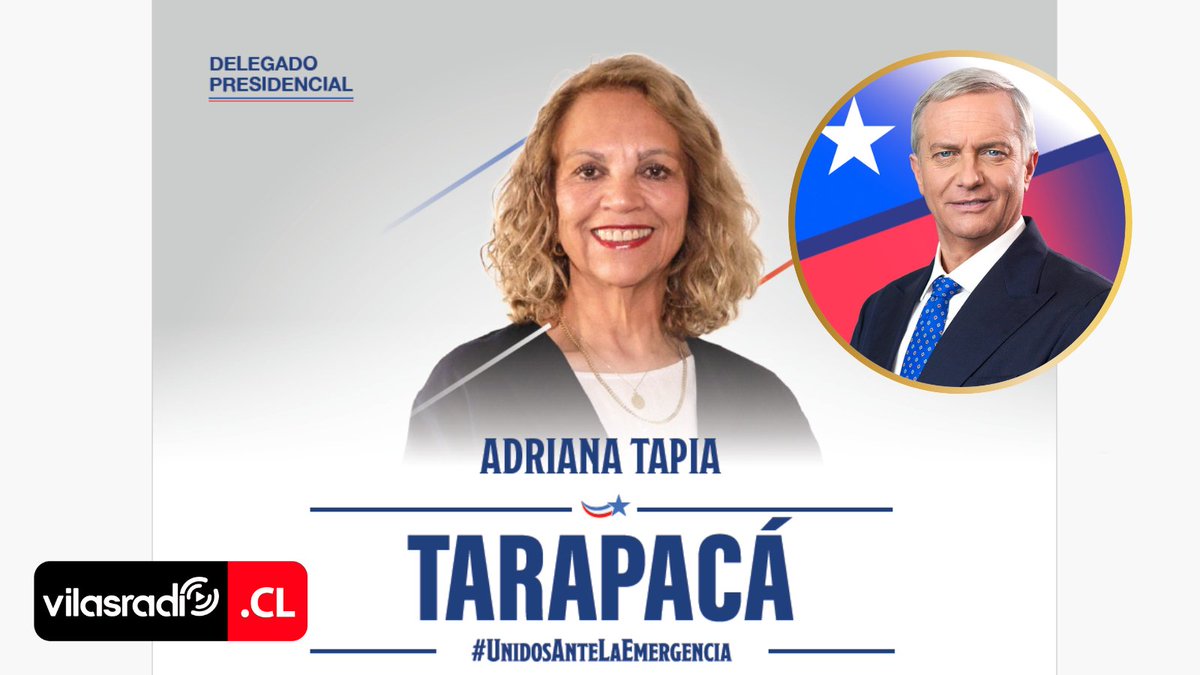 VilasRadio's tweet photo. ⭕🔜 ADRIANA TAPIA ES ANUNCIADA COMO DELEGADA PRESIDENCIAL DE TARAPACÁ POR EL GOBIERNO DEL PRESIDENTE ELECTO JOSÉ ANTONIO KAST
📲Revisa la nota completa en: https://t.co/XHFsbH2ZWj
#ADRIANATAPIA #ANUNCIADA #DELEGADA #PRESIDENCIAL #TARAPACÁ #GOBIERNO #PRESIDENTE #ELECTO #JOSÉANTONIO #KAST