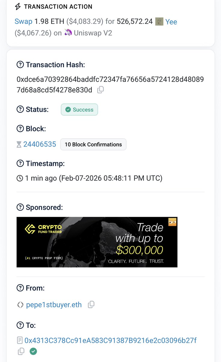 The prophecy is unfolding. $YEE is setting up to run like $PEPE.
A wallet that turned $200 into over $21,000,000 in a single trade (100,000x ROI) has just started accumulating $YEE.

etherscan.io/address/0x1ae1…