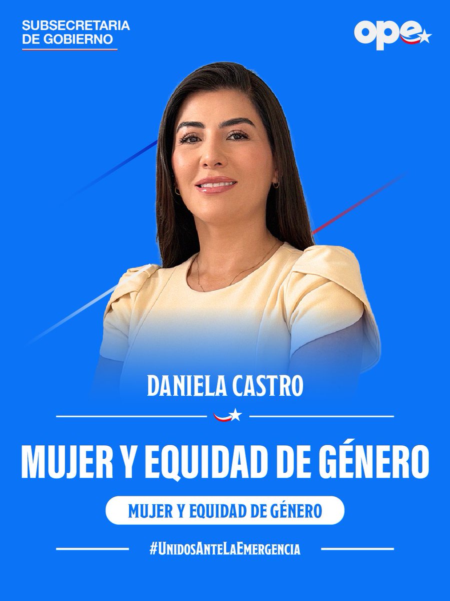 Felicidades a la próxima subsecretaria de la Mujer Daniela Castro, una profesional comprometida con Chile, con quien trabajaremos unidas por las reales urgencias de las mujeres chilenas junto al presidente <a href="/joseantoniokast/">José Antonio Kast Rist 🖐️🇨🇱</a> 🇨🇱