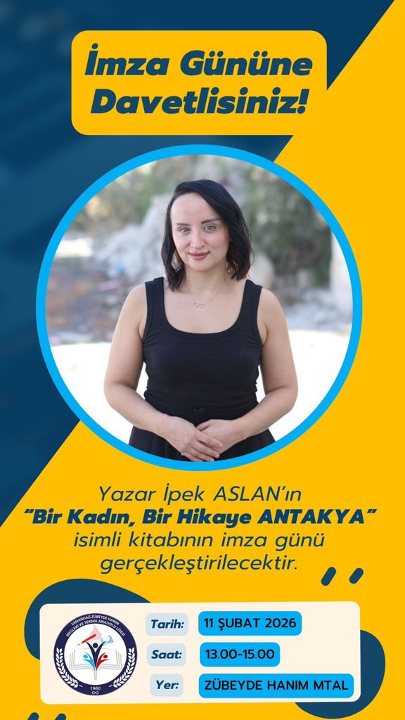 Gençlerle, sorularla, kitaplarla dolu bir buluşma geliyor!

Samandağ Zübeyde Hanım Mesleki ve Teknik Anadolu Lisesi gençleriyle imza ve söyleşide buluşmanın heyecanı içindeyim 📚✨