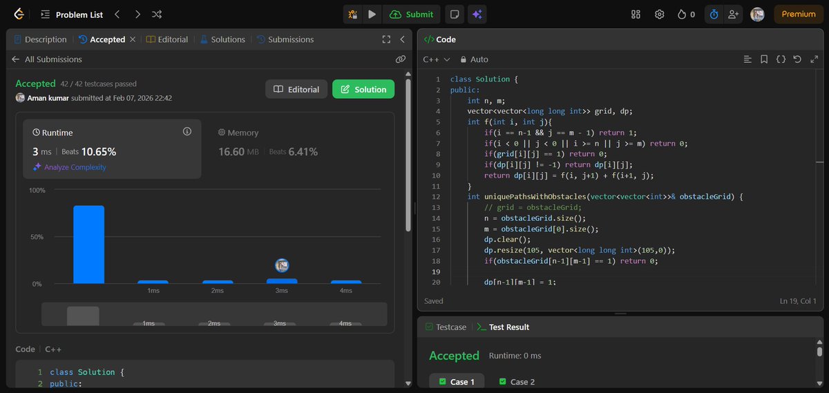 amansharma264's tweet photo. 🚀 Day 35 of #50DaysOfDSA

Today I focused mainly on Dynamic Programming and revision:
Solved two DP problems on LeetCode
64. Minimum Path Sum
63. Unique Paths II
Revised array concepts and practiced a few good questions on GFG

#DSA #50DaysOfDSA #Day35 #DynamicProgramming #LeetCode #Arrays #GFG #Consistency #Learning #ProblemSolving