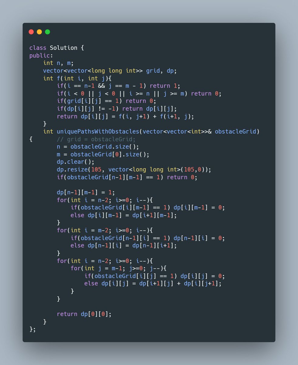 amansharma264's tweet photo. 🚀 Day 35 of #50DaysOfDSA

Today I focused mainly on Dynamic Programming and revision:
Solved two DP problems on LeetCode
64. Minimum Path Sum
63. Unique Paths II
Revised array concepts and practiced a few good questions on GFG

#DSA #50DaysOfDSA #Day35 #DynamicProgramming #LeetCode #Arrays #GFG #Consistency #Learning #ProblemSolving