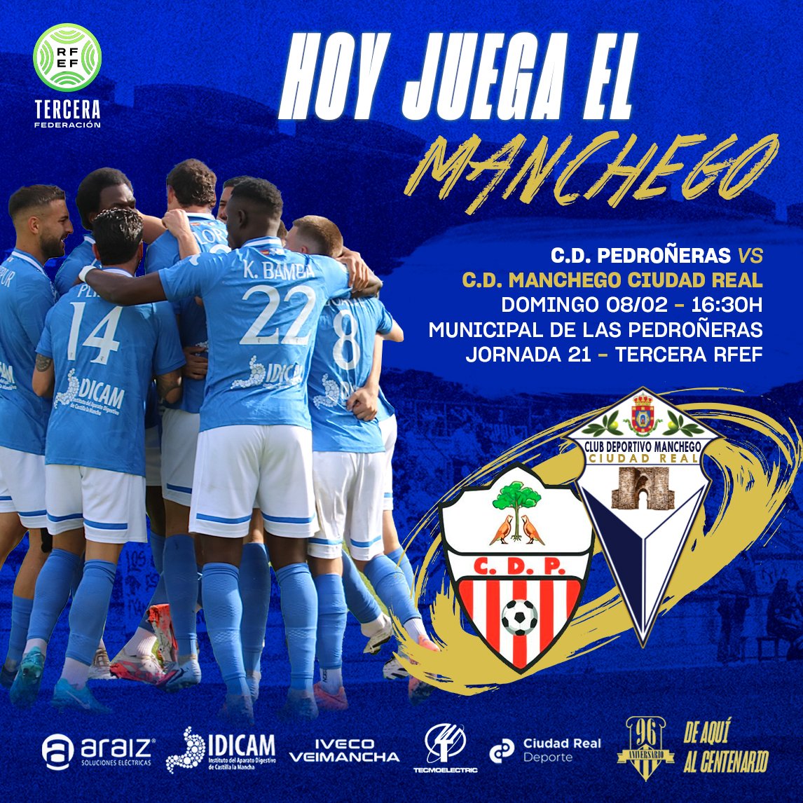 🔵 HOY JUEGA EL MANCHEGO ⚪️

🆚 <a href="/CDPedroneras/">C.D. Pedroñeras</a>
🗓️ Domingo 08/02
🕟 16:30h
🏟️ Municipal de Las Pedroñeras
🏆 Tercera RFEF - Grupo XVIII

#SomosCLM <a href="/FFCM_es/">FFCM</a> <a href="/rfef/">RFEF</a>

🤝 <a href="/CR_Deporte/">Ciudad Real Deporte</a> <a href="/AYTO_CIUDADREAL/">AYTO_CIUDAD REAL</a>

#AupaManchego 💙🤍